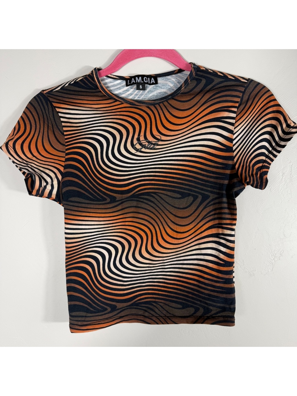 I.AM.GIA Orange Black Abstract Wavy Print Graphic T-Shirt | Small